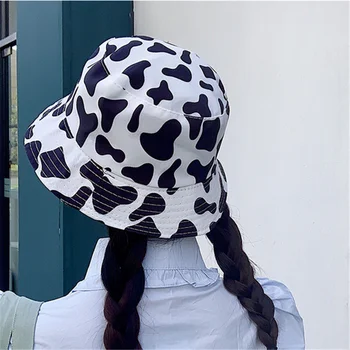 Nova Moda De Vaca Impressão Chapéu Preto Branco Chapéu De Balde Reversível Pescador Caps Verão Chapéus Para Mulheres Gorras