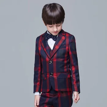 Estilo britânico Crianças Formal Xadrez Atender Crianças Blazer Veste Calça Tie Broche 5PCS Para a Fotografia Mostrar Traje Meninos Vestido de Noiva
