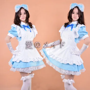Personagem De Anime Tsukiko Empregada Traje Cosplay Servo Vestido Azul Bonito Lolita Roupa Puff Manga Curta Laço Arco Terno Avental Vestidos