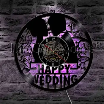  Casamento feliz disco de Vinil Relógio de Parede Mudança de Cor de Parede de Luz Para o Aniversário de Casamento, Casamento LED Pendurado Lâmpada de Presente
