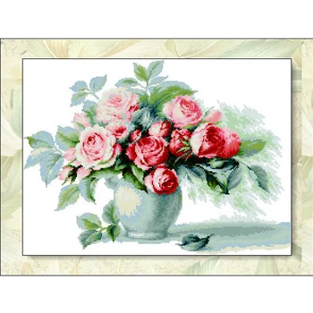 Amishop Ouro Coleção Linda, Contados a Ponto de Cruz, Kit Vermelho cor-de-Rosa as Rosas Flores Rosa Buquê de Flores do Vaso Luca-S_B2280