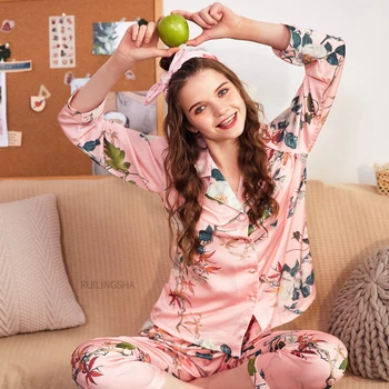 Mulheres de Seda do Pijama Conjuntos de Cetim roupa de dormir de Pijama de Manga comprida Tamanho Grande Moda Pijama para a menina Dormir Adequar a Nova Casa de 2020 PJS