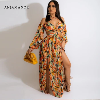 ANJAMANOR Resort Off Ombro Fenda Maxi Vestidos para Mulheres 2022 Moda Impresso Vestido de Chiffon Sexy Férias Roupas D35-EI32