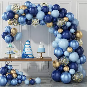 Tema azul noite azul metal, ouro balão cadeia masculino tesouro 100ª festa de aniversário arranjo de arco de balão de aniversário, decoração