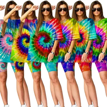 Tie Dye Impressão de grandes dimensões de Duas peças de Conjunto para as Mulheres T-shirt Superior e Biker Shorts Lounge Wear Rua Corredores de Conjuntos de Correspondência