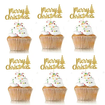 10pcs Decorações de bolos Feliz Natal Glitter em Pó Paperpard Bolo Topper para a Festa de Natal Sobremesa Cupcake de Decoração de Ano Novo