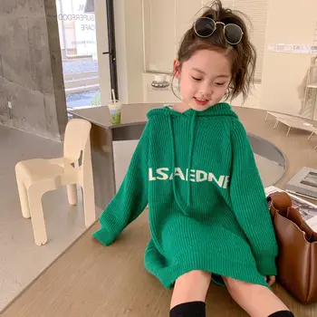 2022 Outono Novas Roupas para Crianças Meninas coreano Carta Camisola com Capuz Meados de-comprimento da Camisola Saia