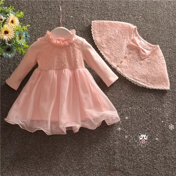 novo bebê vestido com xale cor-de-rosa lace menina de batismo vestidos de 1 ano de aniversário do vestido de bebê, roupas de meninas de 0-18M