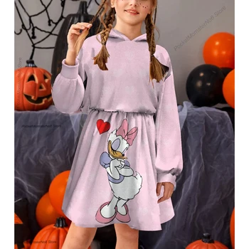 Crianças Capuz Outono de Manga Longa Camisola de Crianças de Impressão Casual Bonito Camisola de Meninas Disney Pato Donald Bonito Vestido com Capuz