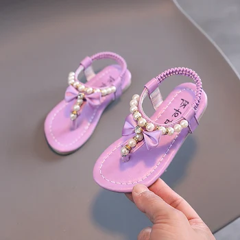 Verão Meninas Princesa Sandálias para Crianças Crianças Doce Flor Crianças Soft Inferior antiderrapante Pérolas Sandálias Sapatos Novos 2022 Roxo