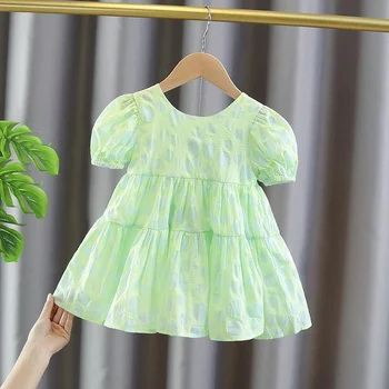 2022 Verão Bebê Vestido De Meninas Versão Coreana Puff Manga Verde Vestido De Arco Vestidos De Princesa