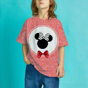 Verão novo Disney casual cartoon T-shirt meninas Mickey e Minnie impressão de pescoço redonda meninas T-shirt de roupas infantis tops