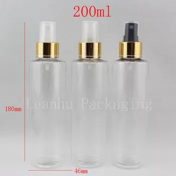 200ml x 30 vazia transparente frascos de spray com alumínio e ouro gola bomba de plástico transparente recipiente frasco pulverizador de névoa fina
