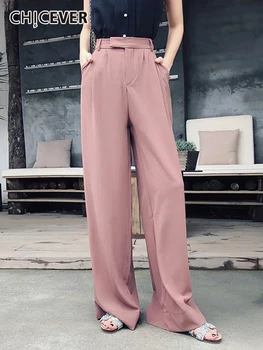 CHICEVER Direto e Minimalista Longo Vasta Perna de Calça Para Mulheres de Cintura Alta Casual cor-de-Rosa Calças da Moda Feminina Primavera 2022 Roupas