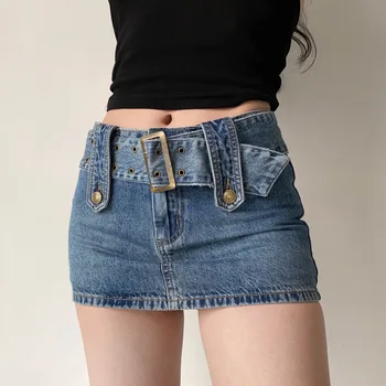 Y2k Vintage Cinto Largo De Jeans, A Minissaia Para As Mulheres Coreano Quente Mulheres Sexy Cintura Alta Saias Curtas De Bolso Cintura Alta Boho Streetwear