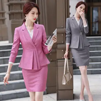 Moda Senhoras cor-de-Rosa Blazer Mulheres Ternos de Negócio com Saia e Conjuntos de Casaco Elegante Escritório de Trabalho Uniforme OL Estilos