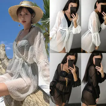 2019 Verão As Mulheres Branca Preta Sexy Sheer Vestido De Praia Moda Praia Biquini Transparente Tampa Até Roupa De Banho