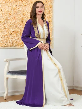 Abaya Mulher Dubai Luxo Apliques Florais Casaquinho De Vestido De Decote Em V E Laço De Fita De Colete Vestido De Muçulmano Conjuntos Com Cinto De Kaftan