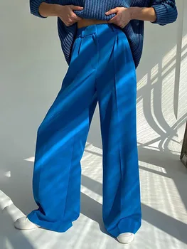 Mulher Azul, Calças De Moda De Perna Larga Calças Soltas De Cintura Alta Office Comprimento Total Senhoras Casual Calças Pantalon Femme