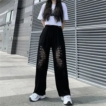 Verão Novo Preto Casual Calças para Mulheres coreano Moda Bordado de Borboleta Solta Grande perna Calças Calças de senhora Pantalones E39