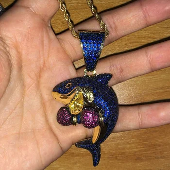 Hip hop brilhante roxo azul cobre tubarão Pingente de Colar de Moda hip hop jóias