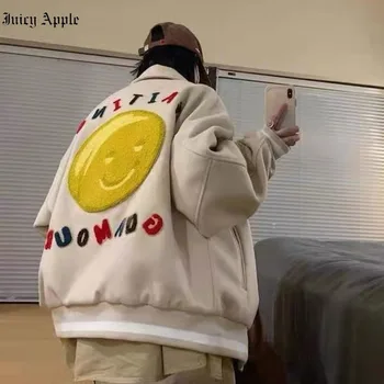 Juciy Apple Bombardeiro Mulher Varsity Jacket Damasco Oversize Americano Bordado De Beisebol Jaquetas Casacos De Inverno Harajuku Crop Top