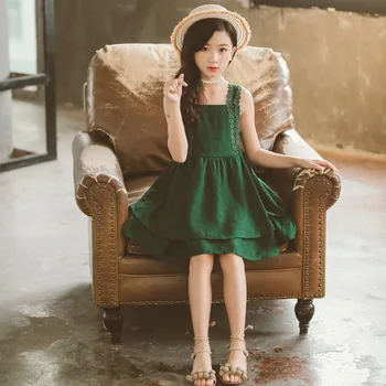 Meninas, vestido de verão da juventude verde princesa vestido de roupa infantil menina sem mangas 4 5 6 7 8 9 10 11 12 13 14 anos