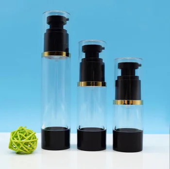 30ml de cabeça redonda de plástico transparente preto airless garrafa linha ouro do olho essência soro/loção/emulsão líquido fundação de embalagem