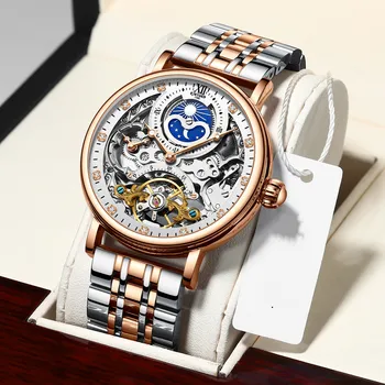 Kinyued Marca de Luxo Homens Relógio Esqueleto Impermeável Homens Mecânico DO relógio de Pulso de Aço Inoxidável de Mão Automática do Relógio Para Homem Presente
