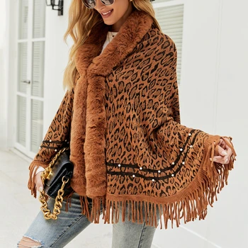 Mulheres Coats & Casacos Para O Inverno Leopardo Cor Faux Fur Collar Grossa Quente Malha Capes & Ponchos De Outono Quente Outwear Malhas