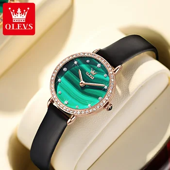 OLEVS Moda Diamante Mulheres Relógios de Luxo, Verde Impermeável de Couro Relógio de Pulso de Quartzo Presente Para as Mulheres de Vestido Casual Ladies Watch