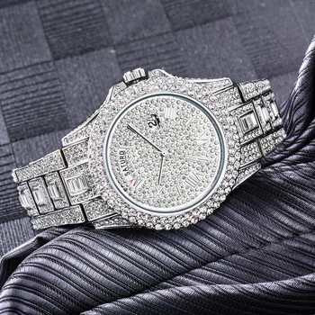 MISSFOX Gelo para Fora do Estilo de Discagem Quartzo Relógio Homens Semana de calendário Moldura Com Grande Completo Diamante relógio de Pulso Droshipping Relógio Masculino