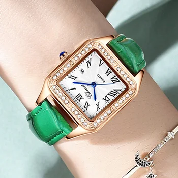 Reloj Mujer Chenxi Senhoras Relógios Crystal Fashion Square Assistir A Mulher De Verde Pulseira De Couro Genuíno Auto Data De Quartzo De Pulso