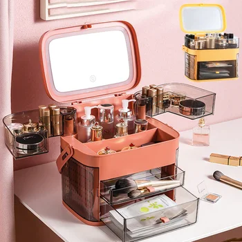 Espelho do DIODO emissor de cosméticos saco de armazenamento portátil de maquiagem da caixa de armazenamento de caixa de jóias grandes maquiagem batom recipiente de armazenamento do banheiro caixa