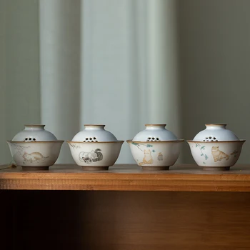 cerâmica gaiwan xícara (chá) de gato bonito, bules de chá chinês de kung fu conjunto de chá 100ml