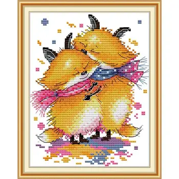 Alegria de domingo animais dos desenhos animados fox abraço ponto de cruz, kit de DMC 11CT 14CT bordado bordado DIY mão, kit de costura, decoração de casa de pintura