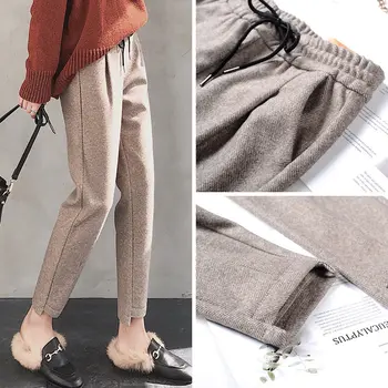 Mulheres casual calças de outono e de inverno de novo nove pontos casual coreano lápis de lã, calças de cintura alta calças calças de uma geração