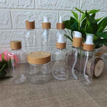 Eco friendly embalagens de cosméticos fosco /branco/transparente de plástico de garrafas e frascos de creme de bambu tampa de spray loção bomba de garrafa