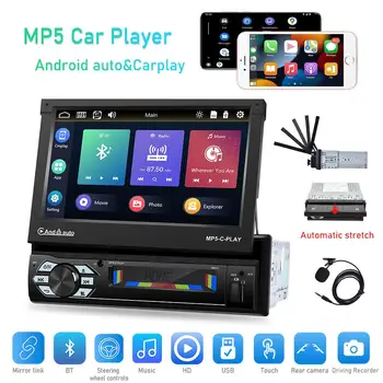 7-polegadas 1din auto-Rádio, Tela Retrátil MP5 compatíveis com Bluetooth, Leitor de Navegação GPS Compatível Para Carplay Android Auto