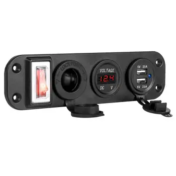 12V/24V Dupla Tomada USB Carregador de LED Voltímetro-Desliga do Painel Vermelho