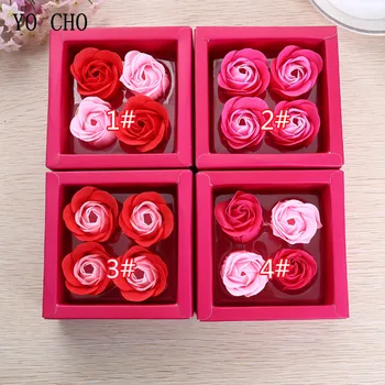 YO CHO 4Pcs/Caixa, Caixa de Presente Rosa Sabão Flores Festa de Casamento Romântico Presente Artificial Sabão Flores em Caixa de Presente Personalizado para a Menina