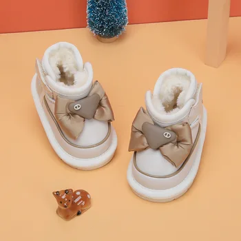 Meninas de Algodão acolchoado Sapatos Bonito Arco Nó Bebê Botas de Neve de Inverno coreano Princesa Botas Curtas de Pelúcia Grossos Sapatos de Criança