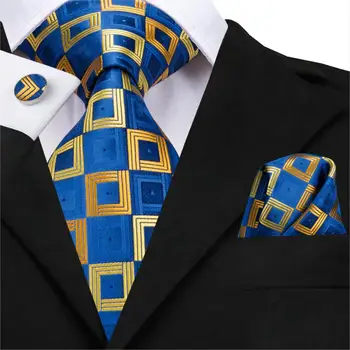 Hi-Laço Homens Xadrez Laços de Seda Azul Verificado Empate Conjunto de Bolso Quadrado botão de Punho de Negócios de Casamento do Laço de Presente para o Pai Formal Atacado