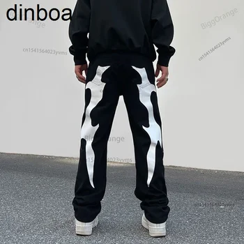 Dinboa-y2k Impressão de calças de Brim de Mens High Street Vintage Hip Hop Baggy Jeans Homens Vestuário Solto e Casual Retas de Mens Calças Jeans para Homens