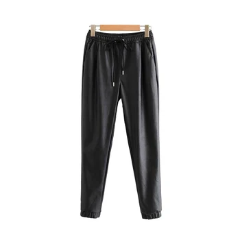 Vintage Elegante Pu Couro, Bolsos De Calças Para Mulheres 2020 Moda Cintura Elástica Com Cordão De Amarrar No Tornozelo Calças Pantalones Mujer
