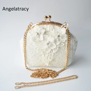 Angelatracy Bolsa Artesanal de Rendas 3D de Casamento Flores Brancas Saco Crossbody Doce Mini Lady Bolsa Floral Lolita de Contas de Pérolas de Bordado