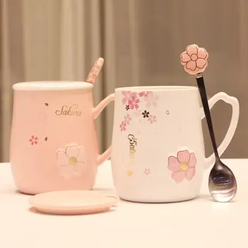 Japonês Criativo de Flor de Cerejeira Taça de Cerâmica com Tampa, resistente ao Calor Copa do Home Office Menina Caneca de Café Bonito Canecas e Copos