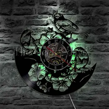 Passarinhos na Árvore E Flores disco de Vinil Relógio de Parede Com LED de luz de fundo Aves da Família Creative Relógio de Parede Decoração da Casa