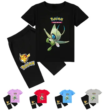 Pokemon Verão de Roupas infantis em Nova Meninos e Meninas de desenhos animados Impressão de Moda manga Curta T-shirt+Calça curta, roupa de Duas peças