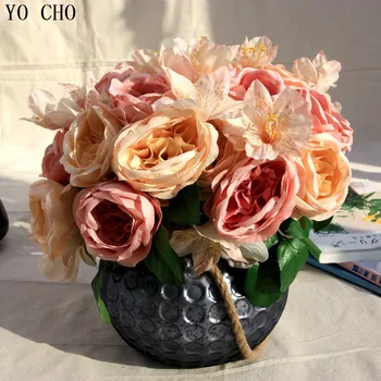 YO CHO Grande Artificial Rose Bouquet de Flores de Outono de Seda Peônias Flor do Lírio Para Casa a Festa de Casamento a Decoração do Jardim Falso Flor